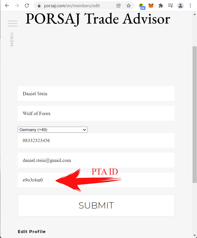 Enter your PORSAJ Trade Advisor ID in your profile